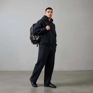 Ensemble de survêtement ample surdimensionné personnalisé pour hommes, sweat-shirt à capuche court en molleton épais avec étiquette en caoutchouc, sweat-shirt uni, streetwear - Product Image 1