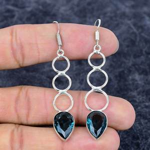 Pendientes de topacio londinense de Plata de Ley 925 hechos a mano gota larga forma de pera piedra preciosa chapada en plata para bodas cristianas fiestas - Product Image 2