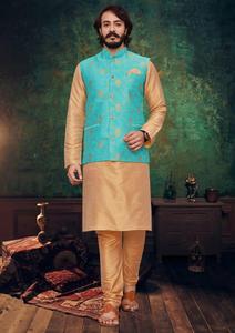 ผ้าไหมคุณภาพดีที่สุด Kurta Payjama พร้อม Koti บุรุษขายส่งเชอร์วานีล่าสุดบุรุษชาติพันธุ์สวมใส่ชุดแต่งงานแบบดั้งเดิมของอินเดีย - Product Image 4