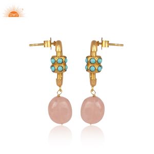 Pendiente de gota de piedras preciosas de cuarzo rosa y turquesa de Arizona Natural de plata esterlina oxidada, fabricante de joyería personalizada - Product Image 3