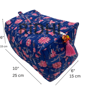 Sac fourre-tout matelassé en coton de luxe bleu avec rose, unique, écologique, fait à la main, pour épicerie, marché, cosmétiques, vente en gros, trousse de toilette - Product Image 2