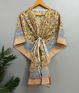Jaipuri estampado de algodón hecho a mano caftán vestido largo playa cubierta Maxi Kimono bata estilo Casual flor bloque impreso ropa de dormir Natural - Product Image 6