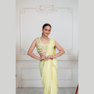 Conjunto de color limón Sari listo para usar DE LA India con golpes de calidad superior trabajo hecho a mano y detalles intrincados para todas las ocasiones - Product Image 2