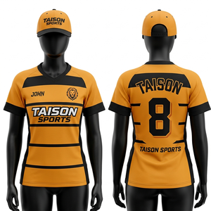 Maillot de rugby pour femmes, polyester premium, maille respirante, jaune et noir, manches à rayures, panneau incurvé, impression par sublimation, logo et nom personnalisés - Product Image 1