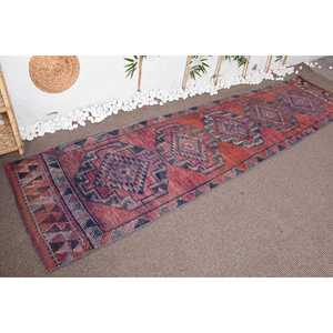 2.9x11.5 ft <b>Runner</b> Turkish Rug, Vintage Rug, <b>Red</b> Blue Floral Wool Rug - Product Image 4