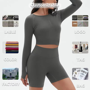 Conjunto Deportivo de 2 Piezas Personalizable para Mujer, Top de Manga Larga sin Costuras con Patrón Sólido y Leggings de Cintura Elástica para Yoga y Gimnasio - Product Image 3