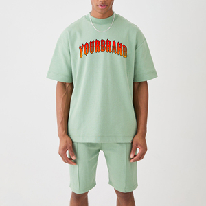 Venta al por mayor de los hombres de verano sólido impreso 100% algodón ropa deportiva de entrenamiento de 2 piezas conjunto de gran tamaño hombro caído de manga corta Jogging - Product Image 5