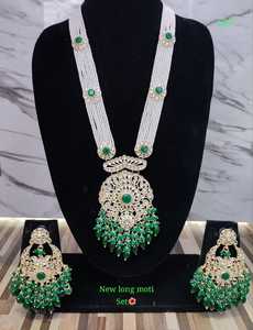Trditional Modieuze Indiase <span class=keywords><strong>Moti</strong></span> Parel Lange Mala Kundan Bezaaide Parel Druppel Lange Rani Har Met Oorbellen Set Voor Vrouwen En Meisje - Product Image 3