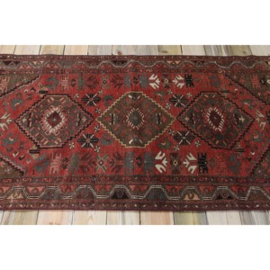 Vintage Turkish Accent Rug 3.2x6.5 ft, <b>Brown</b> Red Geometric <b>Wool</b> Rug - Product Image 3