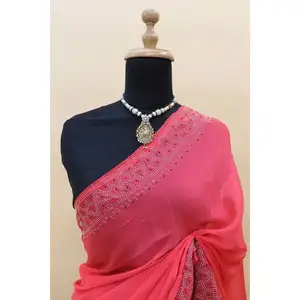 Mejor venta étnica Chinon Sarowski trabajo Saree señoras hermoso estilo indio tendencia tarifas al por mayor precio bajo boda - Product Image 1