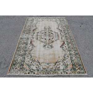 Vintage Classic Turkish Rug Beige Green Patchwork Wool with Latex Backing Handmade 4'9\"x 7'3\" Rectangular <b>Side</b> <b>Table</b> Rugs - Product Image 1