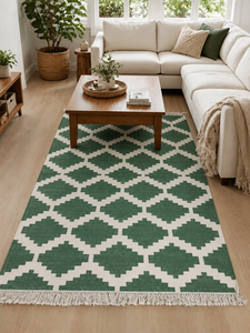 Indian Handloom 100% Pure Cotton Rug Forest Green Stepped Diamond Lattice Pattern Floor <b>Mat</b> Custom Sizes Available - Product Image 3