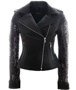 100% made in italy production Sequins Genuine leather jacket biker with sleeves details