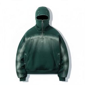 OEM Custom 100% Cotton Sun Faded Winter Casual Cover Face Ninja Style Half Zip Oversized Pullover Mask <b>Hoodie</b> Solid Pattern - Product Image 3