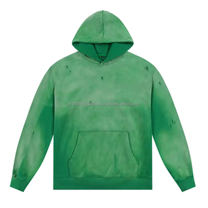 Custom <b>Vintage</b> Acid Wash Distressed Hoodie 100% Cotton French Terry Blank Distressed Pullover Green Hoodie For Men - Product Image 3