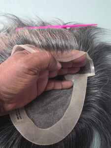 Taz Hair BD Fusion Perruque toupet en cheveux humains Remy à trame nouée à la main, base en dentelle frontale, couleur mixte 1B, patchs capillaires gris, prothèse capillaire - Product Image 6