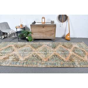Tapis turc vintage de 4,7 pieds x 11,5 pieds, tapis de salon à tissage plat bleu et beige, en laine avec support en latex, motif patchwork - Product Image 1