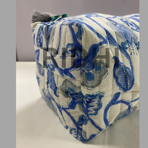 Hand Block Printed Blue & <b>White</b> Cotton Quilted Zipper <b>Bag</b>, Reusable Custom Printed Travel Toiletry <b>Bag</b>, Grocery Market Tote <b>Bag</b> - Product Image 5