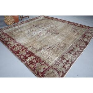 Vintage Oversize Rug 11.1x11.4 ft, Red <b>Brown</b> Striped Rug <b>Wool</b> - Product Image 1