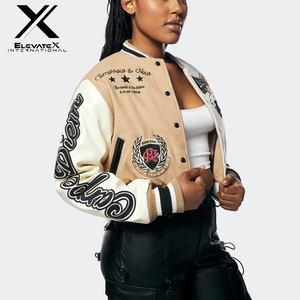 Women's Regular Solid Reversible Spring Varsity Jacket Black Leather Sleeves Fashionable Windproof Applique Patches Embroidered - Product Image 5