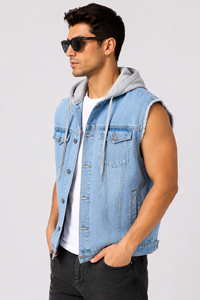 Chaleco Vaquero Premium para Hombre con Capucha, Sin Mangas, Azul Claro, de Algodón, Estilo Casual, Lavado, Chaqueta Vaquera, Prenda Exterior, Estilo Primavera - Product Image 3