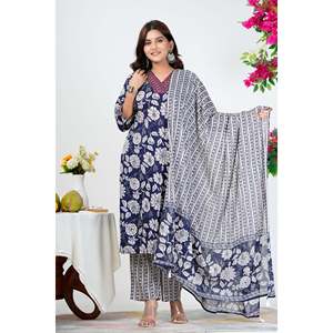 Elegante Conjunto de Kurta Azul Marino con Estampado Floral, Mangas Tres Cuartos y Dupatta para Primavera/Verano - Product Image 3