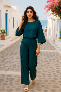Chic Teal Polyester Two Piece Set with Cropped Top and Wide Leg <b>Pants</b> for Casual and Semi Formal Wear in M L XL XXL Sizes - Product Image 4