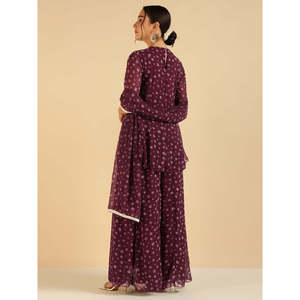 Conjunto de Chiffon para Mujer, Primavera/Verano, Estampado Floral, Top Peplum y Sharara con Dupatta, Elegante y Transpirable - Product Image 4