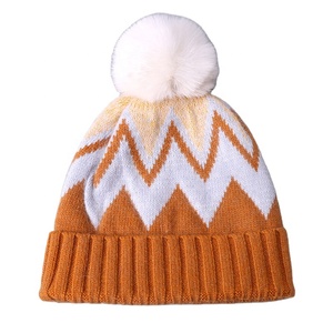 Winter Women's Custom <b>Wool</b> Ski Cap Mixed Color Knitted Stripe Pattern Faux Fur Pompon Cute Cuff <b>Beanie</b> for Performance Cycling - Product Image 5