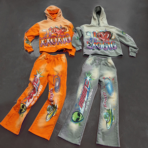 ชุดวอร์มผ้าฝ้ายพร้อมปกเสื้อมีฮู้ดสำหรับผู้ชายกางเกงขาบาน3D ลายฟองแบบกำหนดเอง100% - Product Image 3