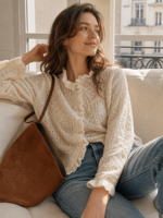 Nouveau Cardigan Tricoté Élégant et Tendance pour Femme 2026 – Col Montant Volanté, Dentelle Ajouree, Coupe Slim