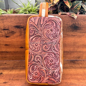 Personalized Customized Tooled Leather <b>Zipper</b> Cosmetic Pouch Western Travel Toiletry <b>Bag</b> for Women's Genuine Leather Dopp Kits - Product Image 2