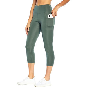 Leggings de Yoga para Mujer, Cintura Alta, Largo hasta la Pantorrilla, con Bolsillo, Color Verde Sólido, para Gimnasio - Product Image 1