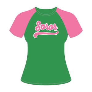 T-shirt à manches raglan vert Soror, sororité grecque, rose vert, écologique, été, collège, sœur, élégant, décontracté - Product Image 5