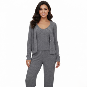 Conjunto de Pijama de Punto Acanalado para Mujer, Corte Ajustado, Rayas Verticales, 3 Piezas, Cárdigan de Manga Larga, Camisola y Pantalones - Product Image 2