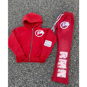 Conjunto de sudadera con capucha y capucha de diamantes de imitación lavados bordados personalizados para hombre OEM chándal apilado acampanado con diamantes de imitación para invierno - Product Image 2