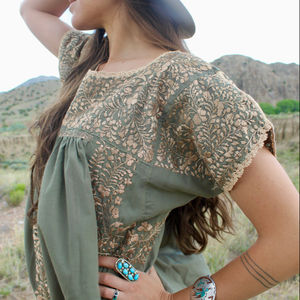 Vestido Maxi Oaxacano 2026, Grande y Hermoso, Color Salvia, Bordado a Mano, Detalles de Crochet con Hilo Dorado - Product Image 1