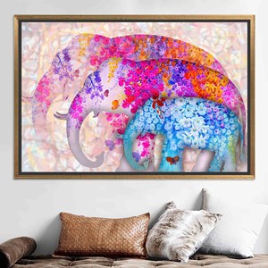 Toile d'art imprimée avec motif floral d'éléphant : décoration murale élégante pour la famille, toile encadrée en or - Product Image 1