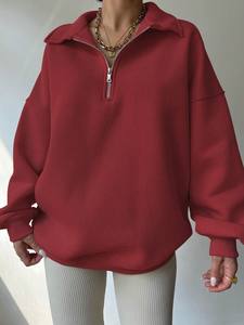 Sweat-shirt rouge surdimensionné à demi-fermeture éclair pull unisexe en molleton de coton à col haut épaules tombantes coupe ample Logo personnalisé Streetwear décontracté - Product Image 3