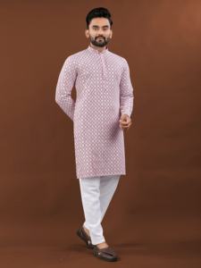 Men's Silk Kurta Collection Heavy Rayon with Lucknowi <b>Work</b> and <b>Mate</b> Sequence Traditional Wear for Parties - Product Image 5