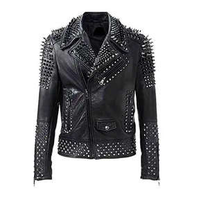 Veste unisexe en cuir de vache véritable de style punk, col montant, logo frontal, heavy metal rock - Product Image 1