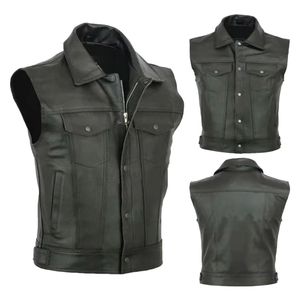 Gilet de motard en cuir véritable pour hommes, veste sans manches avec fermeture éclair et plusieurs poches, vêtements d'extérieur automne-hiver - Product Image 1