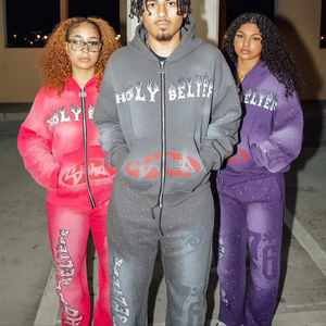 ชุดฮู้ดดี้ซิปผู้ชายผ้าฝ้ายหนาแบบวินเทจฟอกสีซีด พร้อมบริการสกรีนลายตามสั่ง ชุดสเวตสูทผ้าหนาประดับคริสตัล - Product Image 2