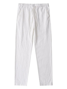 Pantalon en toile de lin 100% coton pour homme, coupe décontractée, poids moyen, motif droit et fermeture à cordon - Product Image 4