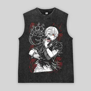 Camiseta sin mangas con lavado ácido personalizada para hombre, cuello redondo desgastado, diseño contemporáneo impreso en Chaleco de punto de algodón 100% - Product Image 1