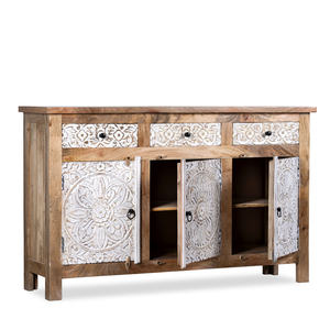 Aparador de armario tallado a mano de madera maciza con acabado rústico antiguo de alta calidad, diseño tradicional desgastado para comedor y baño - Product Image 4