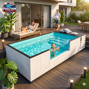 Piscine hors sol moderne en WPC gris avec échelle et pompe filtrante, piscine préfabriquée en fibre de verre - Product Image 4