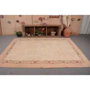 Vintage Turkish Rug Traditional Beige 6.2 X 8.8 ft Patchwork Pattern Wool and Viscose Latex Backing for Entryway or Bedside - Product Image 4