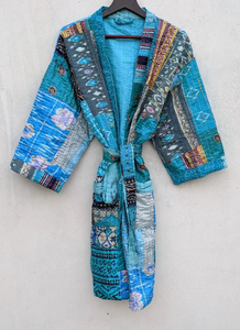 Vintage été soie Kantha luxe respirant à la main col en v Kimono Robe recyclé Patchwork cordon femmes gratuit bain Dressing - Product Image 5