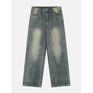 Color negro con efecto de bigotes Denim estilo vaquero holgado con 5 bolsillos Ajuste Recto pantalones vaqueros sueltos de gran tamaño para hombres - Product Image 4